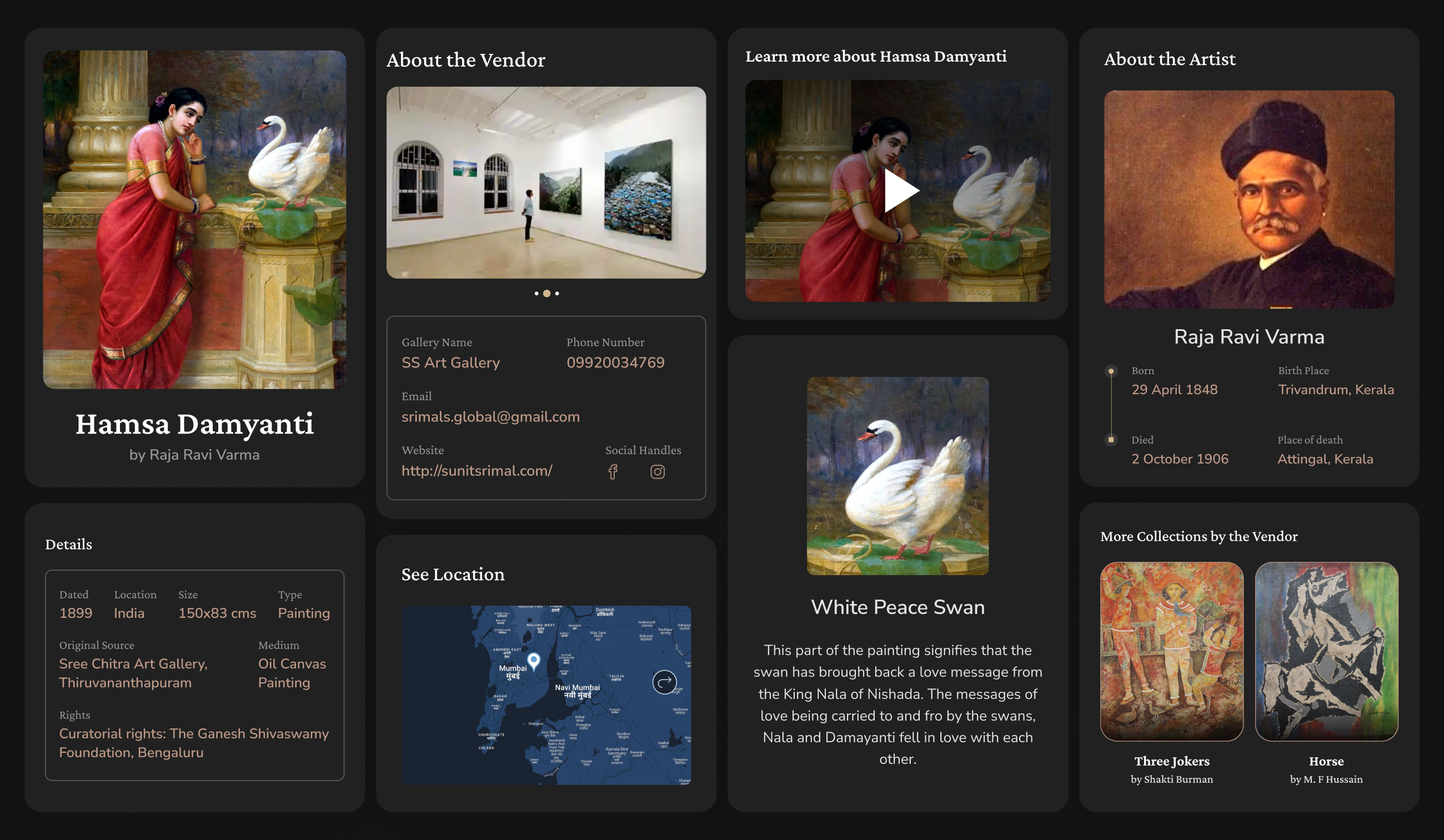 Virtual Art Space dashboard showing Hamsa Damyanti painting details, vendor, artist, and provenance