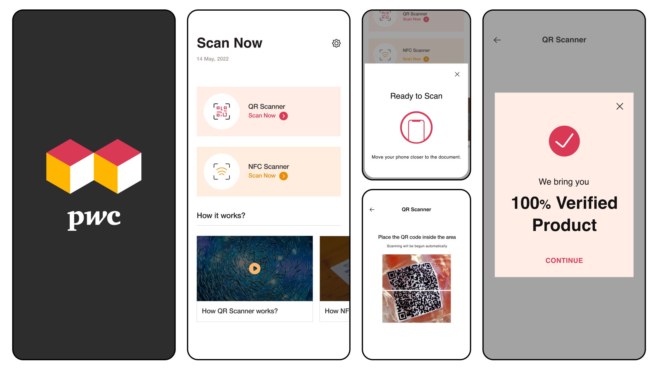 PwC app QR and NFC scanner verifying a seafood product